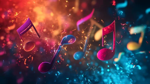 Floating musical notes appear across a vivid abstract background