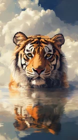 Tiger portrait emerging from water with mirrored reflection study