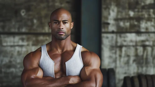 Muscular man stands in gym wearing tight white tank top