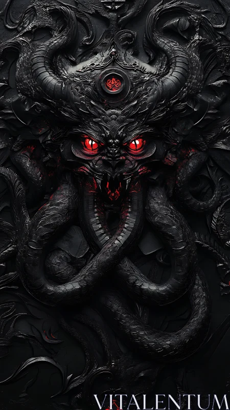 Horned demonic visage with entwined serpents in relief.