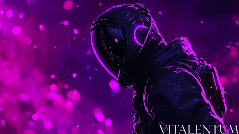 Neon astronaut drifts through a violet storm of cosmic noise
