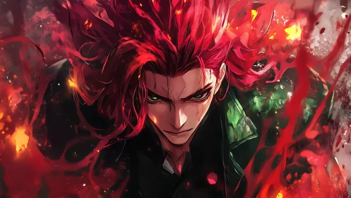 Fire-wreathed warrior unleashes red energy in fury.