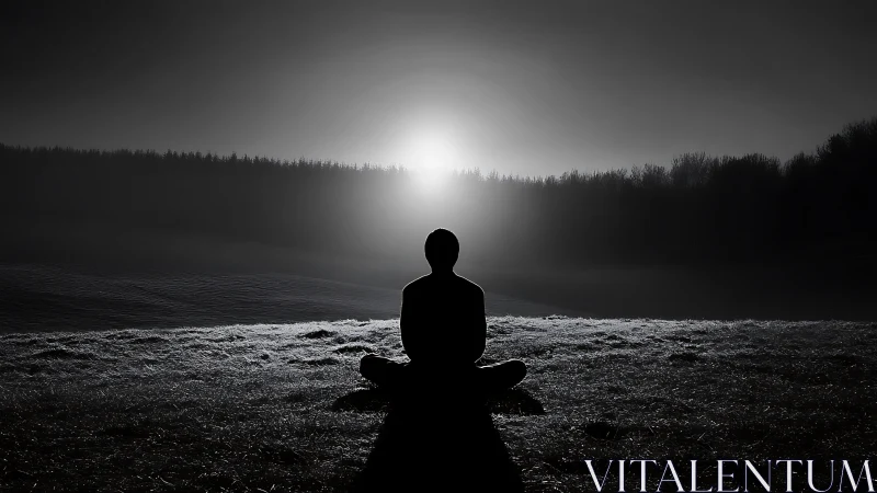 Person sitting alone at sunrise on frosty open field.