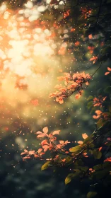 Backlit autumn leaves with shallow depth, bokeh particles