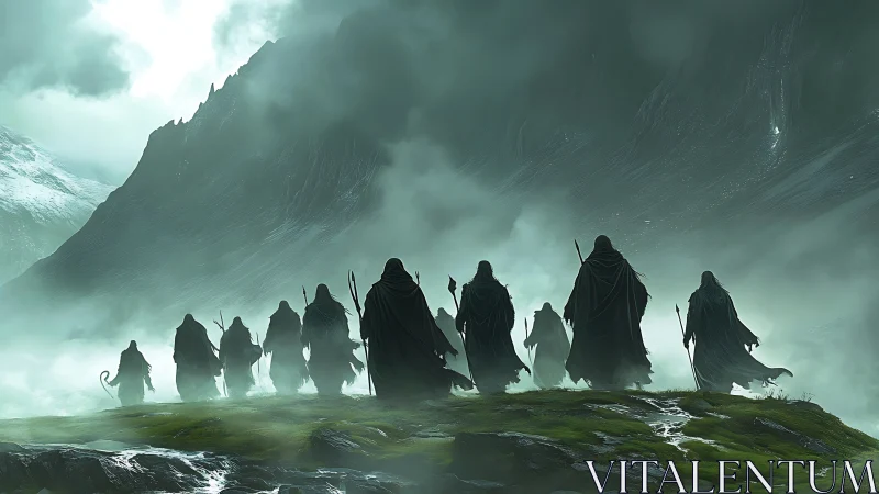 Hooded silhouettes crossing misty emerald highland plateau.