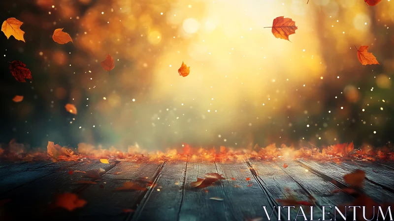 Backlit autumn leaves over weathered wooden deck at dusk