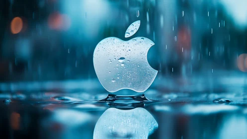 Crystal apple logo shimmers in cinematic electric rainstorm.