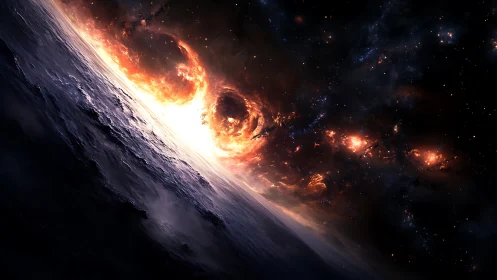 Digital cosmic horizon with fiery nebula collision panorama.