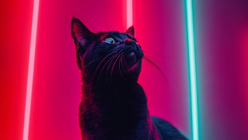 Black cat in neon magenta and cyan backlighting study
