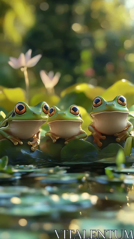 Sunny pond trio of wide-eyed frogs sharing quiet delight.