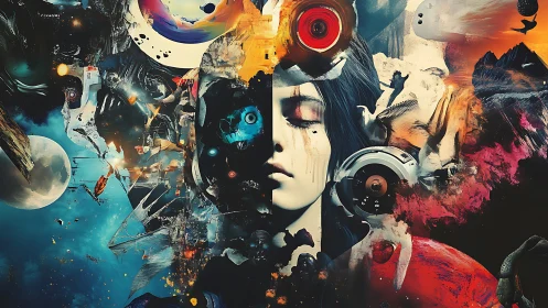 Surreal cyber dreamscape splitting cosmic and inner realms.