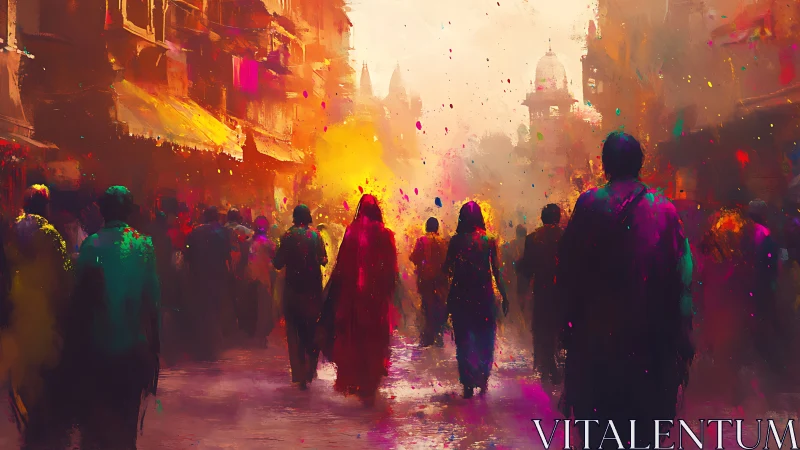 Crowd moves through color-drenched festival street scene.