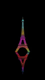 Neon gradient Eiffel Tower with mirrored geometric reflection.