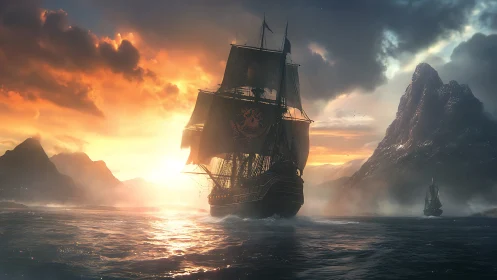Sunlit pirate ship sailing toward misty mountain seas.