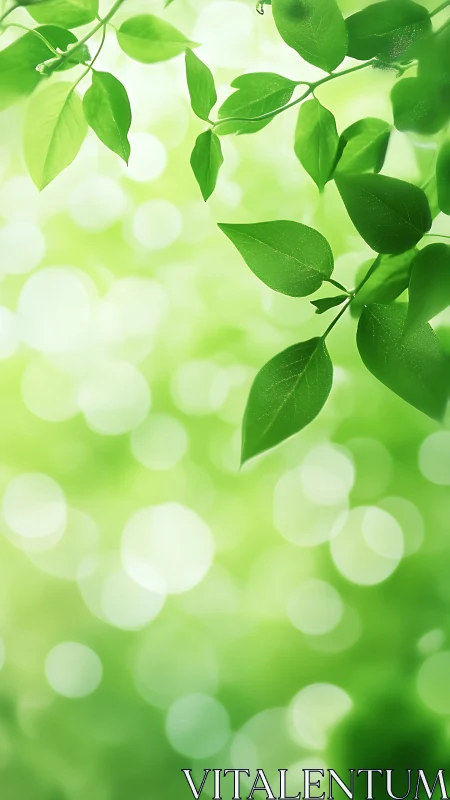 Sunlit green leaves drift above soft bokeh glow.