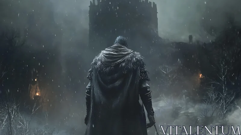 Lone warrior steps toward a stormy, haunted mountain fortress