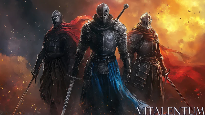 Ember-wreathed knightly trio crossing a storm of sparks.