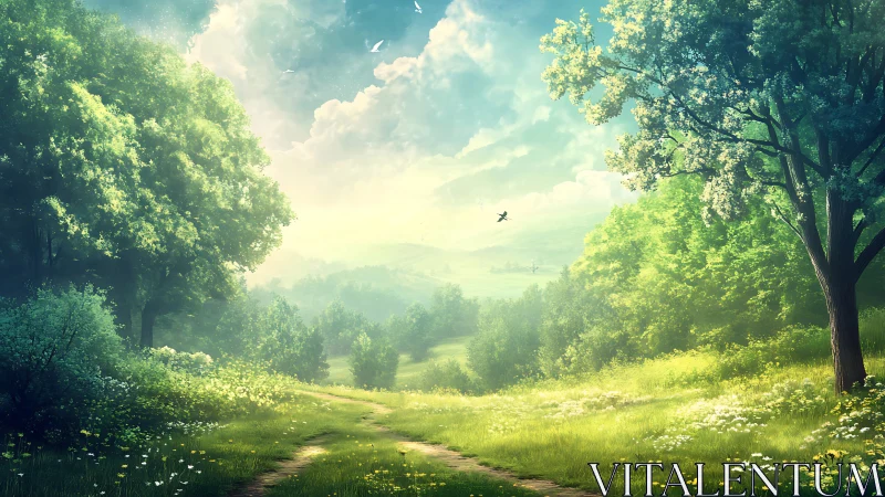 Rendered rural landscape shows tree-lined path under clouds