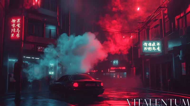 Car occupies wet neon street amid dense colored vapor at night
