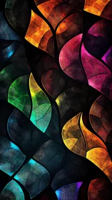 Curved stained glass leaves glow over deep black background