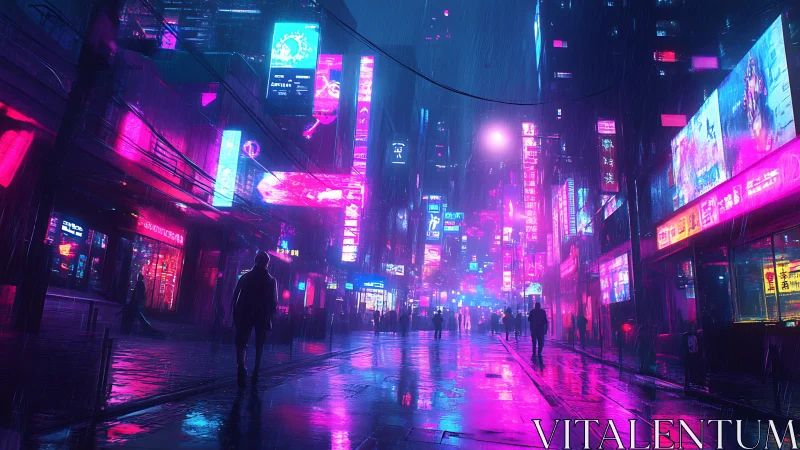 Rain soaked cyberpunk street with neon magenta cyan signage