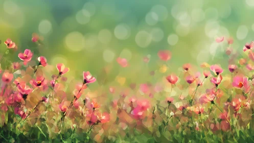 Pink Cosmos Flowers in Soft Focus Garden.