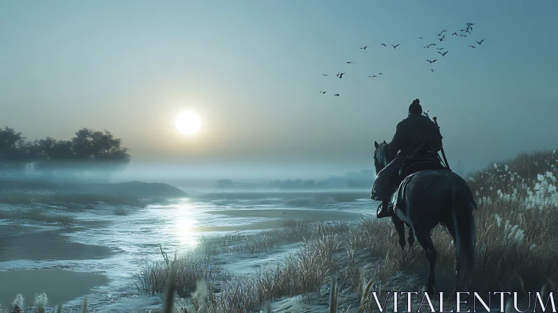 Digital painting of lone rider in misty dawn wetland landscape.