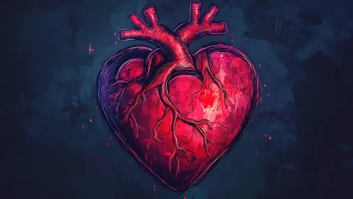 Bioluminescent Heart with Arterial Network in Neon Red and Indigo.