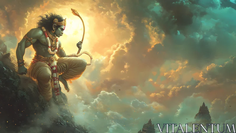 Mythic warrior descends through storm clouds toward distant temples