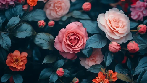 Garden Roses in Teal and Coral Blooms.