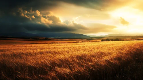 Golden wheat field under dramatic storm-lit sunset sky dynamics