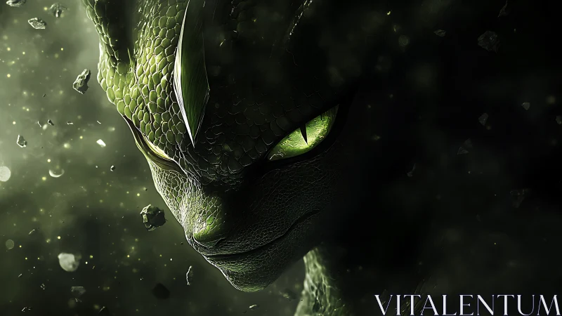 Bioluminescent reptilian alien portrait with emerald eyes, dust