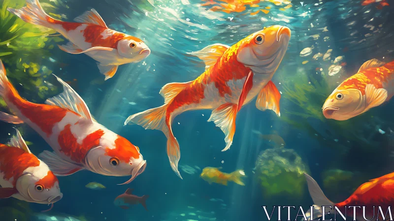 Koi fish gliding through sunlit pond in vivid motion.