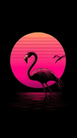 Neon flamingo silhouette stands before stylized gradient sun