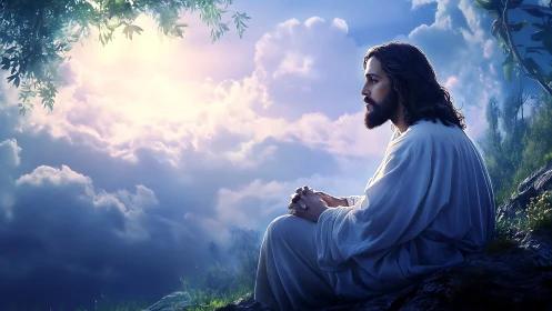 Serene robed figure meditates at dawn above glowing clouds