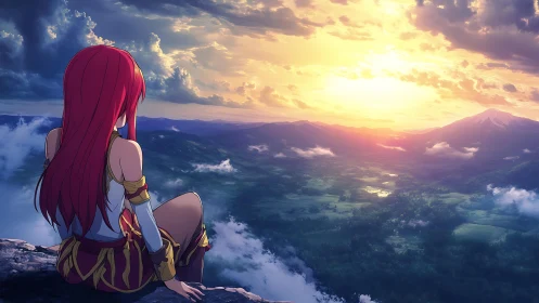 Red-haired warrior overlooking sunlit valley at high altitude