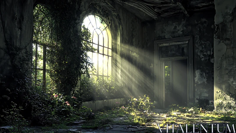 Sunlit overgrown interior with arched windows and decayed walls