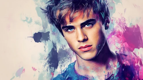 Digital portrait shows young man against abstract color background