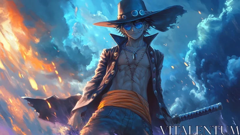 Storm-lit rogue swordsman strides through burning sky.