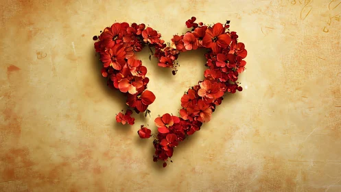 Floral Heart Composition: Red Flowers on Textured Backdrop.