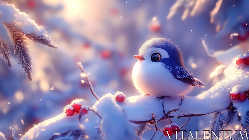 Cute winter bird on snowy branch in dreamy, soft-focus style.