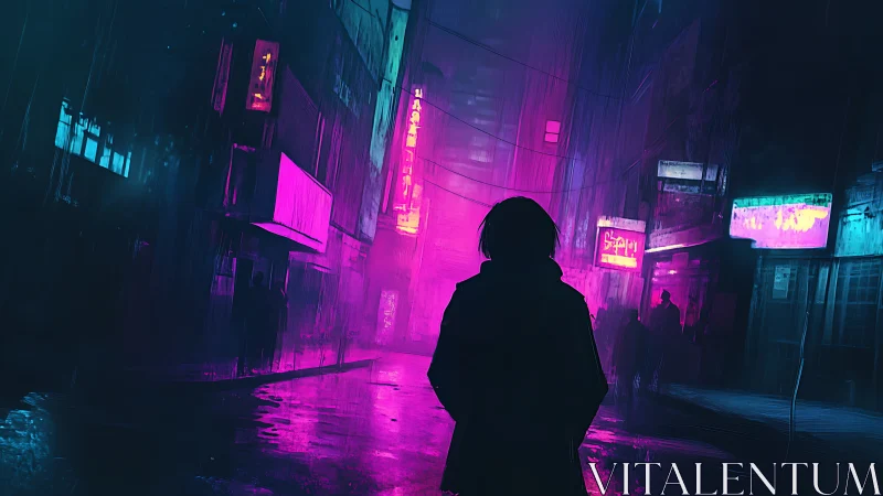 Silhouetted figure stands in neon‑lit urban alleyway at night
