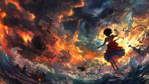 Storm dancer at sea swirling through firelit twilight skies.