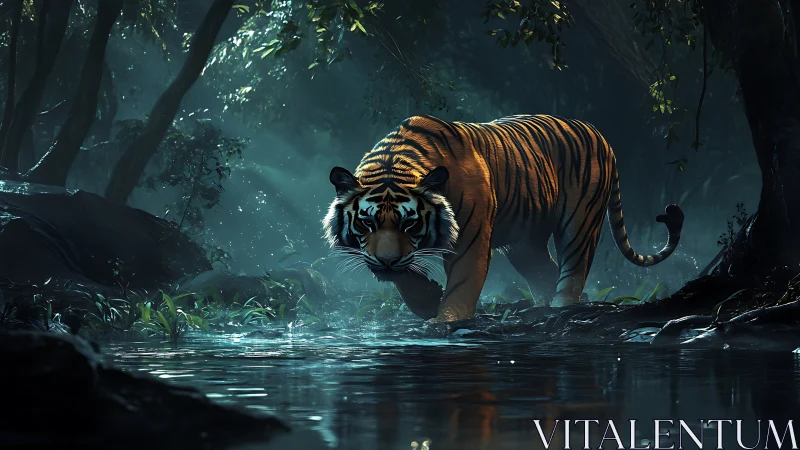Digital painting of stalking tiger in nocturnal jungle stream.