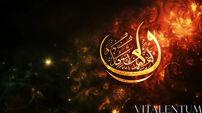 Arabic calligraphy in glowing gold on dark abstract field.
