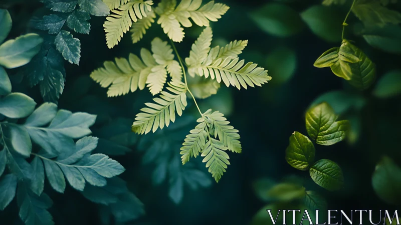 Fern fronds and assorted green leaves in soft focus frame.