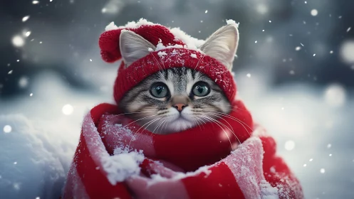 Cat wearing red knit hat and sweater in falling snow