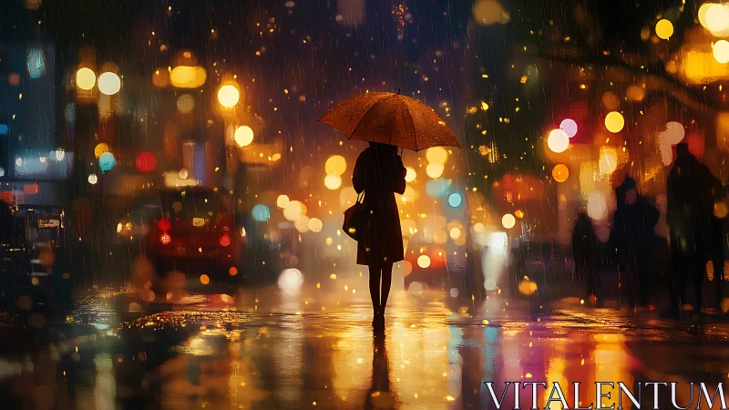 Silhouette under umbrella walking through neon city rain.