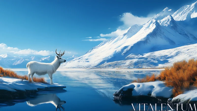 White stag beside alpine lake under crisp winter light.