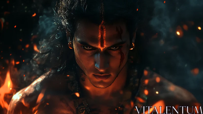 Fire-forged warrior spirit glows amid embers and shadowed smoke.